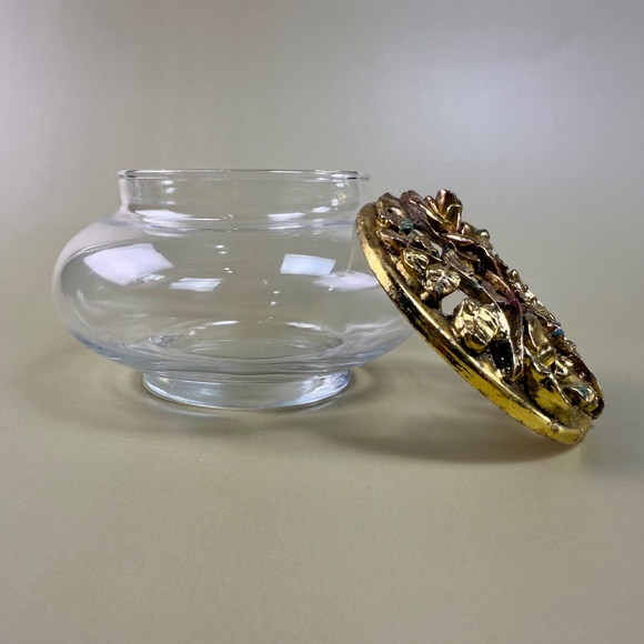 Vintage Glass Trinket Dish with Ornate Brass Rose Lid | Hollywood Regency Style - Picture 13 of 13